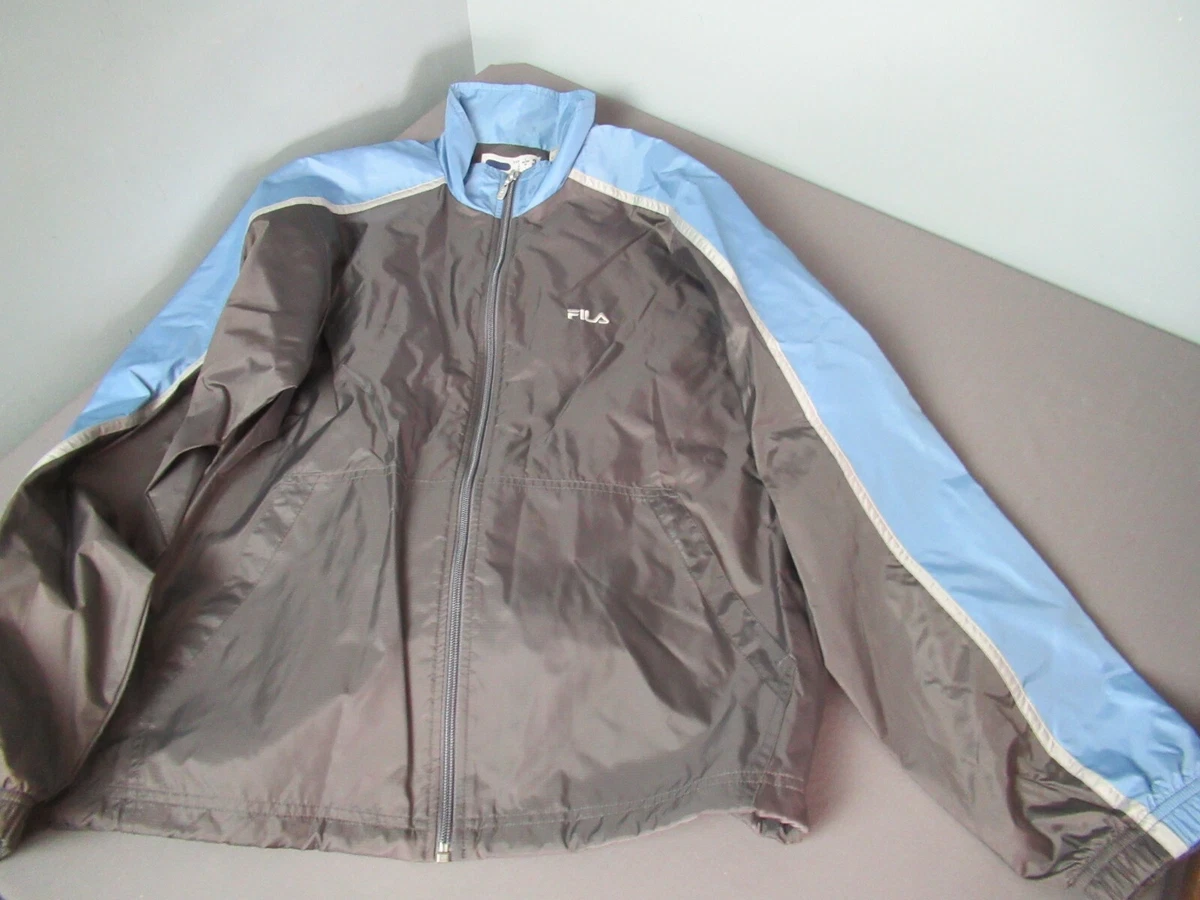 Fila Women s 2 Pc Track Suit Reflective Stripes Grey Blue Silver Sz L b js