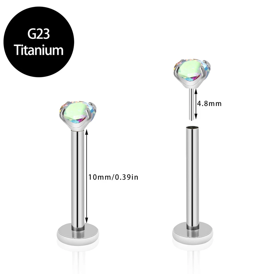 2pcs G23 Titanium Nose Stud Ring 18G 8mm/10mm Threadless Push-in Flat Back 3mm - Image 4 of 4