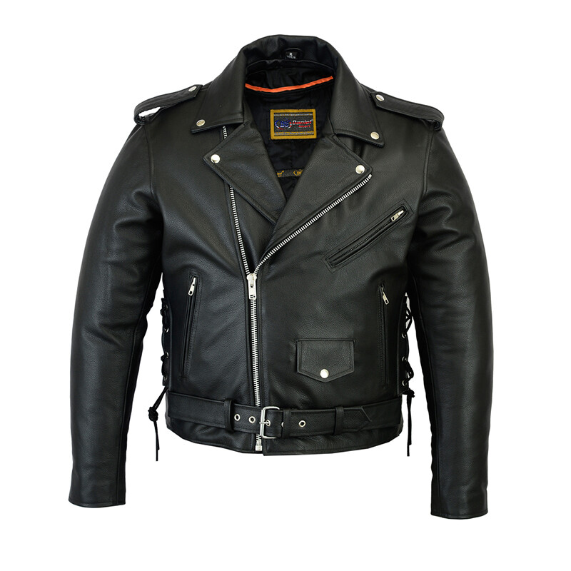 Men's Black Classic Side Lace Police Style Motorcycle Jacket