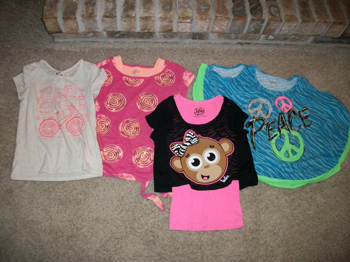 GIRLS JUSTICE SHIRT SUMMER LOT SIZE 8 BLUE PEACE PINK SEQUIN BLACK PINK MONKEY