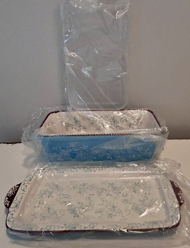 Temptations by Tara Blue Floral Lace 1qt Loaf Dish with Lid Baking Tray New - Picture 12 of 14