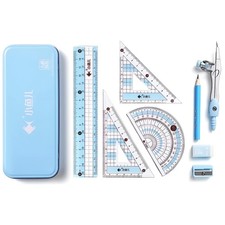 8 Pcs Student Math Geometry Kit Ruler Compass Protractor Shatterproof Case Box