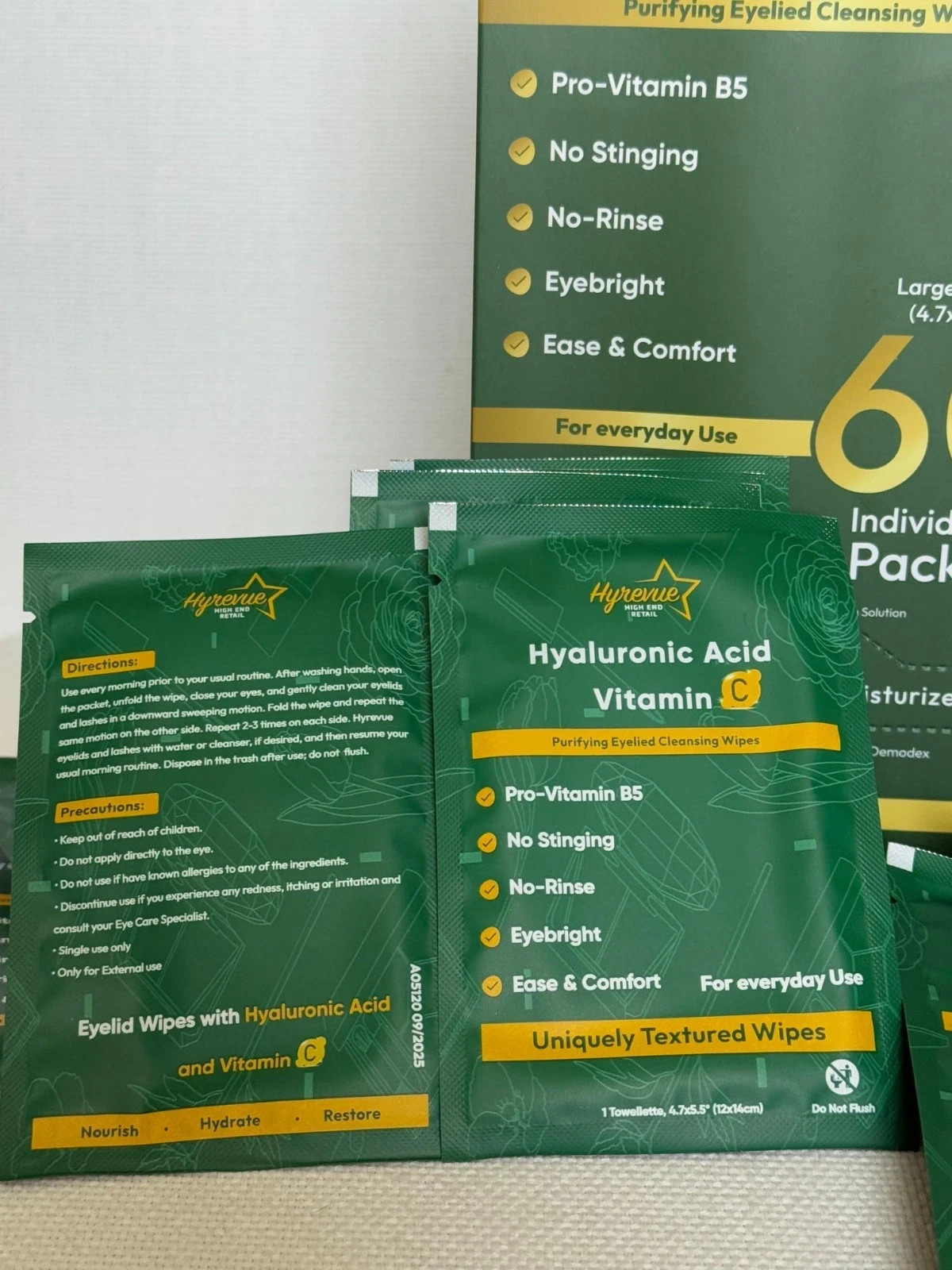 Eyelied Wipes Purified Eyelied Cleansing Wipes with Hyaluronic Acid Vitamin C.