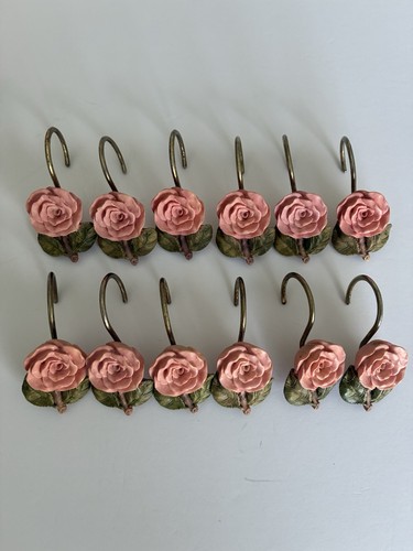 SET OF 12 Ceramic  Pink Roses Show Curtain Hooks Shabby Chic Cottage Core EUC
