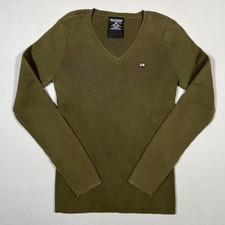 Polo Jeans Co Ralph Lauren Women's Olive Green Ribbed V-Neck Long Sleeve Top M