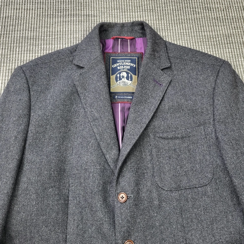 White Stuff Gentlemen's Relish Tweed Blazer Jacket Mens XL Grey Herringbone Wool - Image 4 of 4