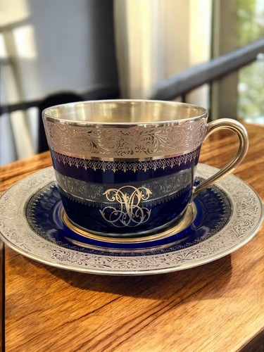Pair of Limoges Porcelain Chocolate Cups Saucers Empire Style Cobalt Blue Gold - Picture 2 of 9
