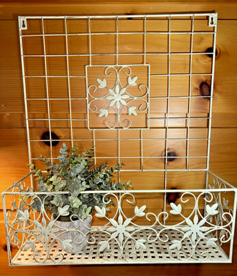 Vintage MCM Cream Floral Metal Wall Mount Shelf Plant Organizer Distressed Decor
