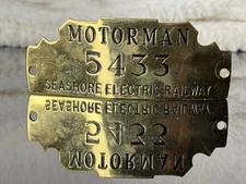 1950 Seashore Electric Railway Motorman 5433 Brass Badge Vintage Trolley Sign