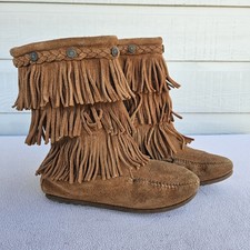 Minnetonka 3 Layer Triple Fringe Boot Moccasins Youth SZ 3 Brown Leather