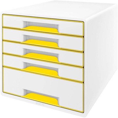 LEITZ Schubladenbox WOW Cube perlweiß/gelb 52142016, DIN A4 mit 5 Schubladen