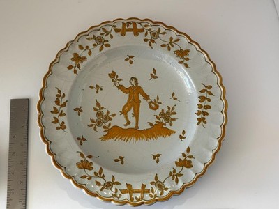 Antique French? Faience Earthenware Plate Scalloped Yellow Orange Man Flowers