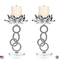 Set of 2 Silver Crystal Lotus Flower Candle Holders - 7.5" Metal & Glass Stands