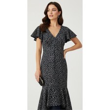 NWT Carmen Marc Valvo Infusion Navy Blue Embellished Flutter Sleeve Floral Dress