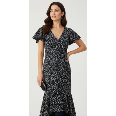 NWT Carmen Marc Valvo Infusion Navy Blue Embellished Flutter Sleeve Floral Dress
