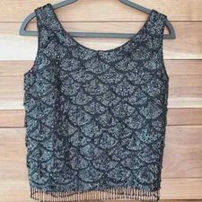 Vintage All Over Sequin Top Black Sz Small fringe beaded flapper crop top