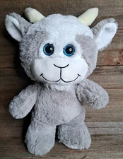 KellyToy Goat 13in Gray White Furry Plush Blue Glitter Eyes Cream Horns 2017 