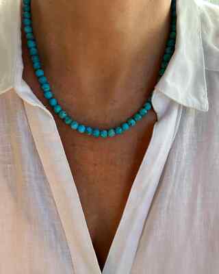 Bright Sky Blue Kingman Arizona Turquoise Necklace, 6mm Round Gemstone Choker