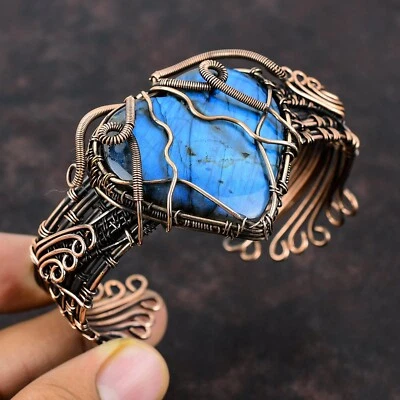 Anniversary Gift For Her Labradorite Wire Wrapped Adjustable Cuff Copper Jewelry - Image 1 of 4