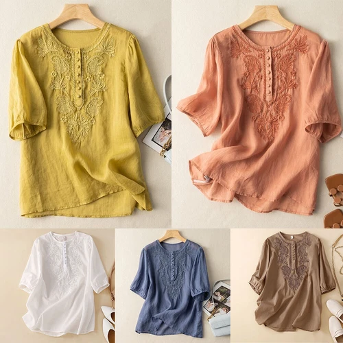 Women Cotton Linen Button Short Sleeve Shirts Loose Crew Neck Boho Top Blouse N - Picture 4 of 25