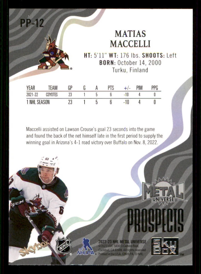2022-23 Metal Universe Skybox Premium Prospects #PP12 Matias Maccelli - Image 2 of 2