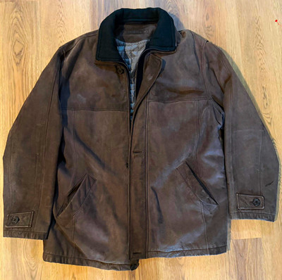Trapper Men s Brown Leather Jacket 56 Regular Lined Pockets Zip/Button Stand
