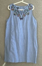 Talbots Women’s Linen Blend Embroidered Butterfly Lined Blue Dress 16P -NWOT