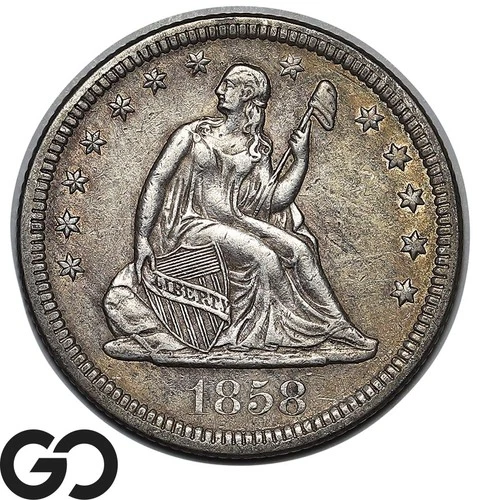 1858 Seated Liberty Quarter Choice AU++, Collector Type Coin