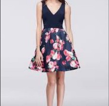 XScape A Line Dress 16W Navy Blue Floral Stretch Career Church Wedding Party