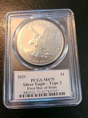 U.S. Mint American Eagle 2021 1 oz Silver Coin PCGS MS70 Type 2 First Day