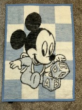 VTG 1984 ACRYL Velours Walt Disney Blue Gray Mickey Mouse Blocks Baby Blanket