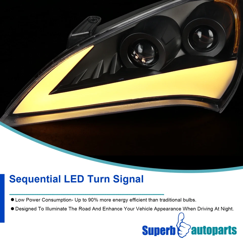 Fit 2010-2012 Genesis Black Projector Headlights Sequential Signal+LED Tail Lamp Foto 4 de 4