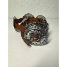 Western Concho Belt Silver Plated Leather Brown Brighton Sunflower VTG Large