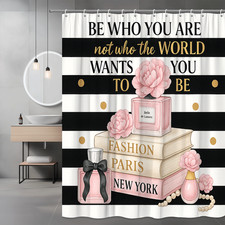 Chic Black and White Shower Curtain with Floral Design and Gold Accents