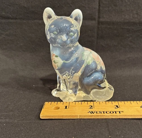 Vintage Signed Fenton Glass Opalescent Seated Cat Figurine