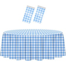 Blue and White Checkered Tablecloth 84x84 Round Disposable Plastic Gingham Table