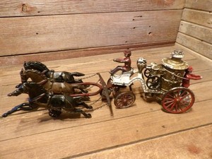 Antique 1900's Cast Iron 3 Horse Fire Water Pumper Drawn Wagon w/Firemen - PARTS