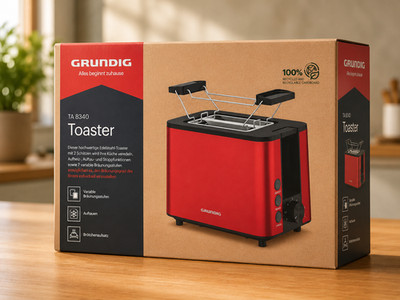 Grundig TA8340 Toaster 2 Scheiben 950W Brötchenaufsatz Edelstahl Rot B06