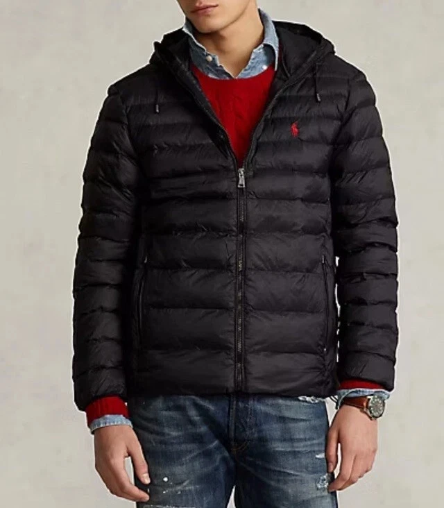 带标签 Polo Ralph Lauren 男式黑色红色 Puffer 连帽夹克水 Re G1N — 第 4/4 张图片