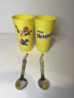 Set of 2 Nestle Quik Bunny Rabbit Stainless Spoons With 24 oz Nesquik Tumblers