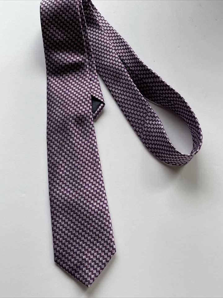 "Corbata de seda Umo Lorenzo microfibra tejida púrpura diseño cuadrado geométrico hecha a mano 3""" Foto 3 de 4