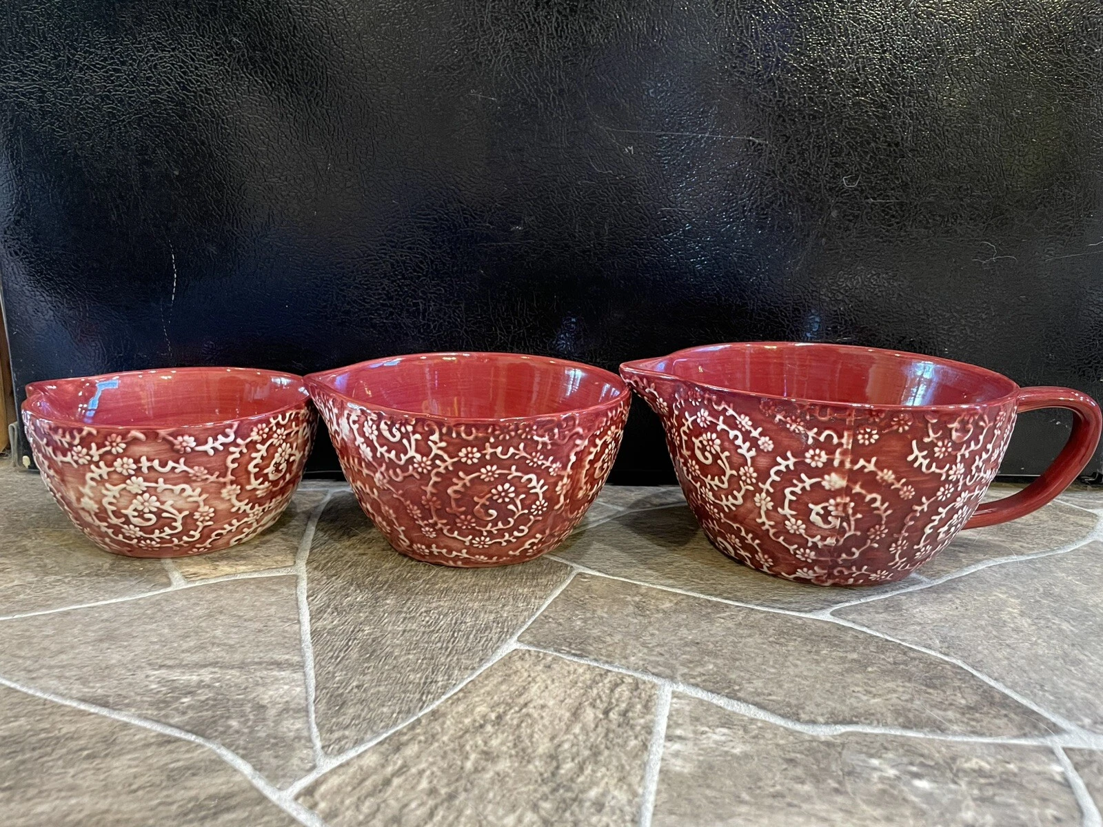 3 Mixing Batter BOWLS Temp-Tations TARA Spouts CRANBERRY PINK Floral NESTING