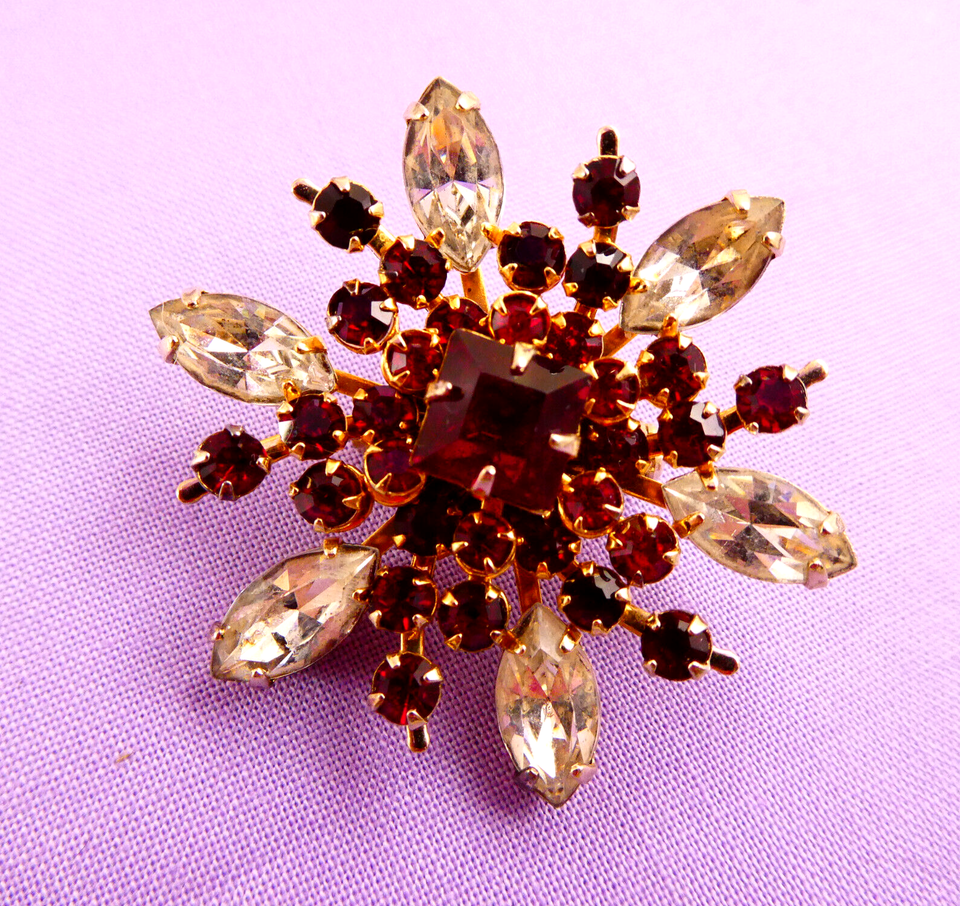 Vintage Ruby Red Rhinestone Flower Shaped Pin Brooch Super Sparkle Clear Stones eBay