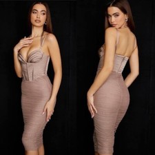 House Of Cb Josephine Taupe Pleated Corset Midi Dress in Medium. 