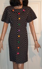 Vintage Black Polka Dot Knit Dress Multi Color Buttons B34