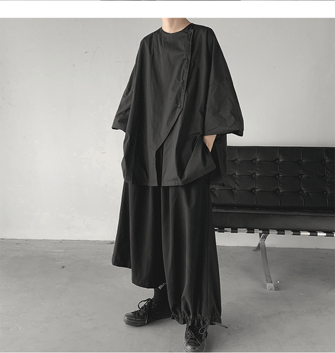 Summer Asymmetrical Seven-Point Sleeve Shirt Mens Button Top T-Shirt Baggy Coat - Bild 16 von 25