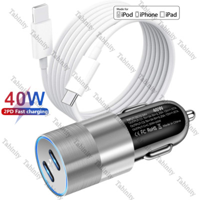 2Port Fast Charging 40W USB-C Car Charger Adapter PD Cord For iPhone 14 13 12 11