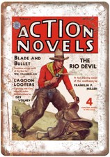 Letrero de metal reproducción aspecto retro novelas de acción con cubierta pulp 1932 v03 n08 J977