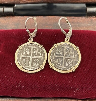 Atocha Silver Coin Earrings In 14k Gold Bezel Made From Atocha Silver