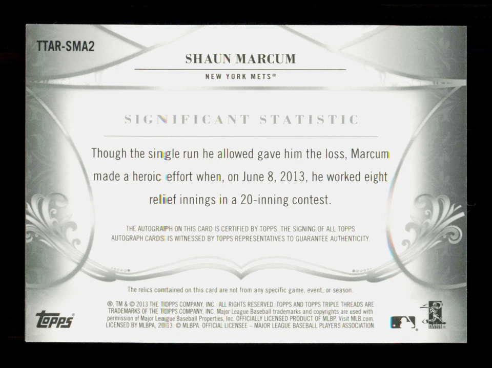 2013 Topps Triple Threads #TTAR-SMA2 Shaun Marcum/18 Auto Relic Mets Foto 2 de 2